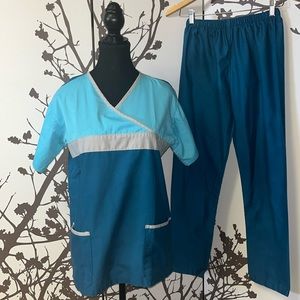 COTTON FIT Scrubs Coord Set Top (T-Shirt) & Bottoms (Pants) Teal Blue Grey $20